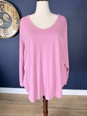 Ulla Popken Pink V-Neck Long Sleeve Tee Top | Size 24/26